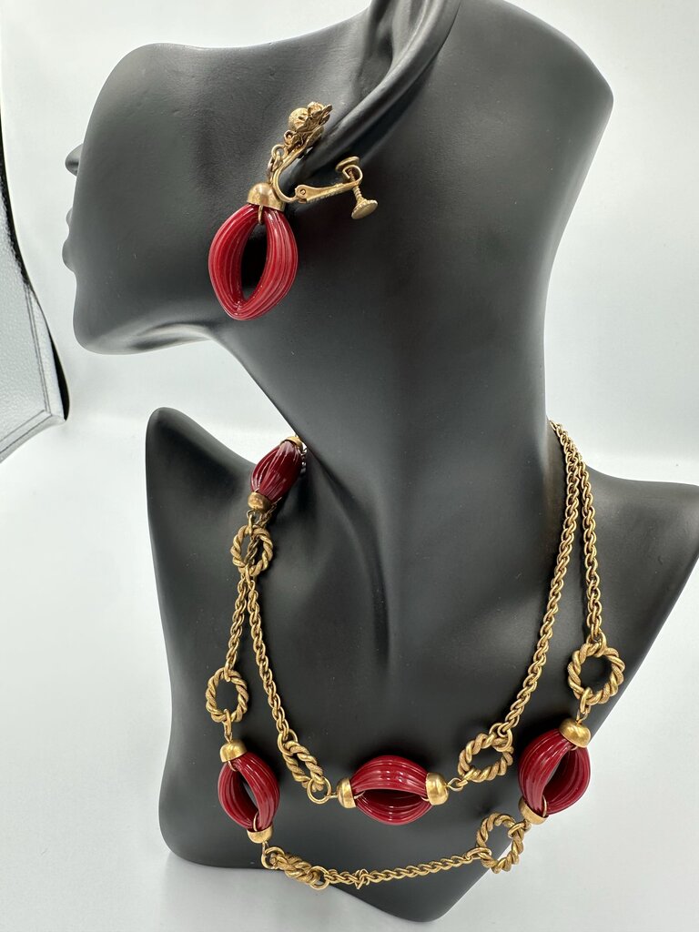 Vintage Miriam Haskell Ruby & Gold Tone Necklace & Earrings