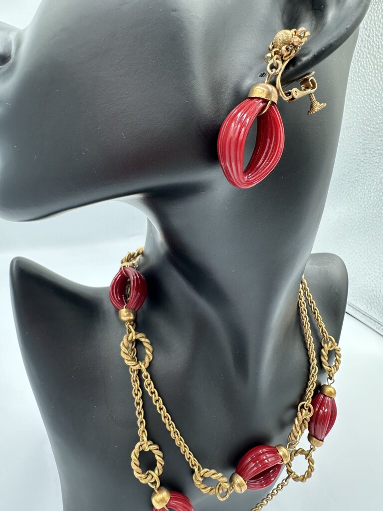 Vintage Miriam Haskell Ruby & Gold Tone Necklace & Earrings