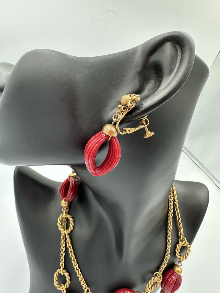 Vintage Miriam Haskell Ruby & Gold Tone Necklace & Earrings
