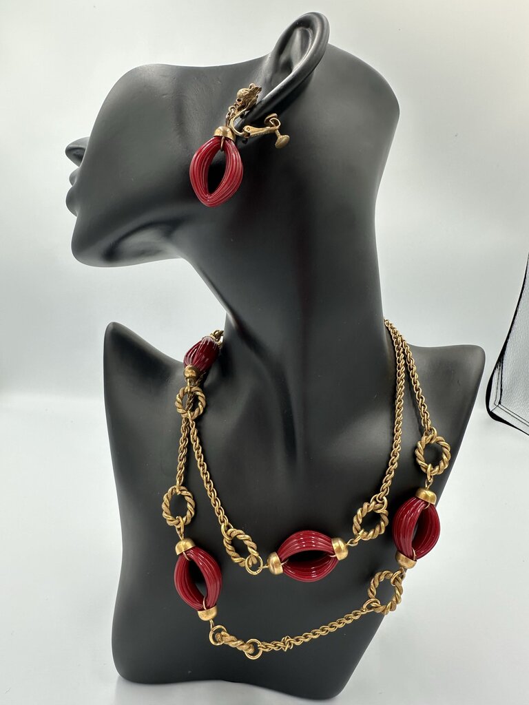 Vintage Miriam Haskell Ruby & Gold Tone Necklace & Earrings
