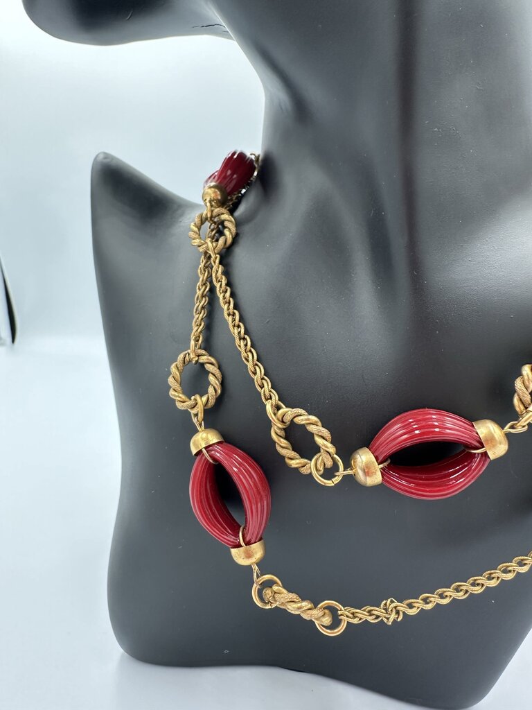 Vintage Miriam Haskell Ruby & Gold Tone Necklace & Earrings