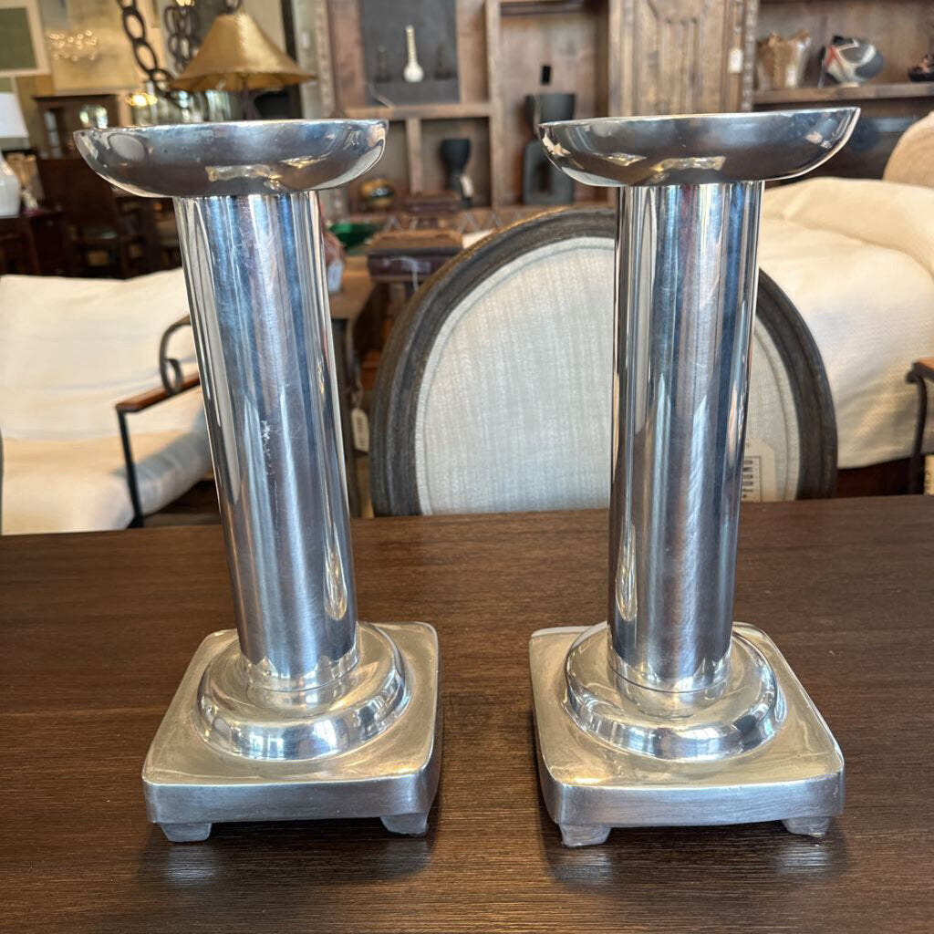Polished Aluminum Silver Pillar Candle Holder - 13" - Pair