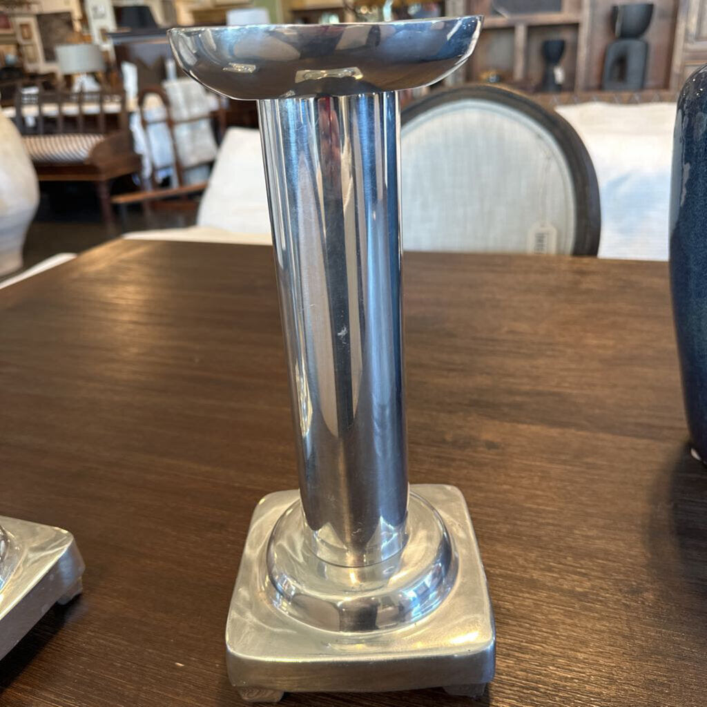 Polished Aluminum Silver Pillar Candle Holder - 13" - Pair