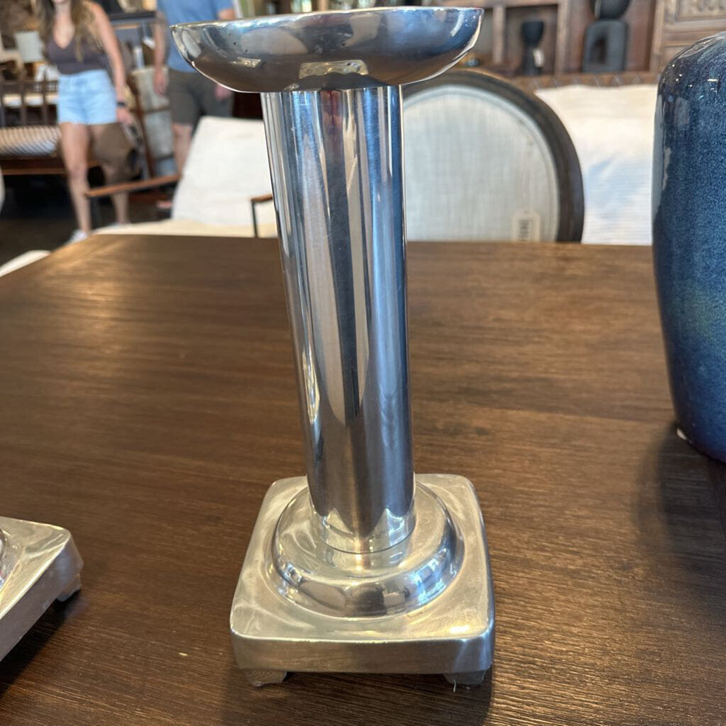 Polished Aluminum Silver Pillar Candle Holder - 13" - Pair