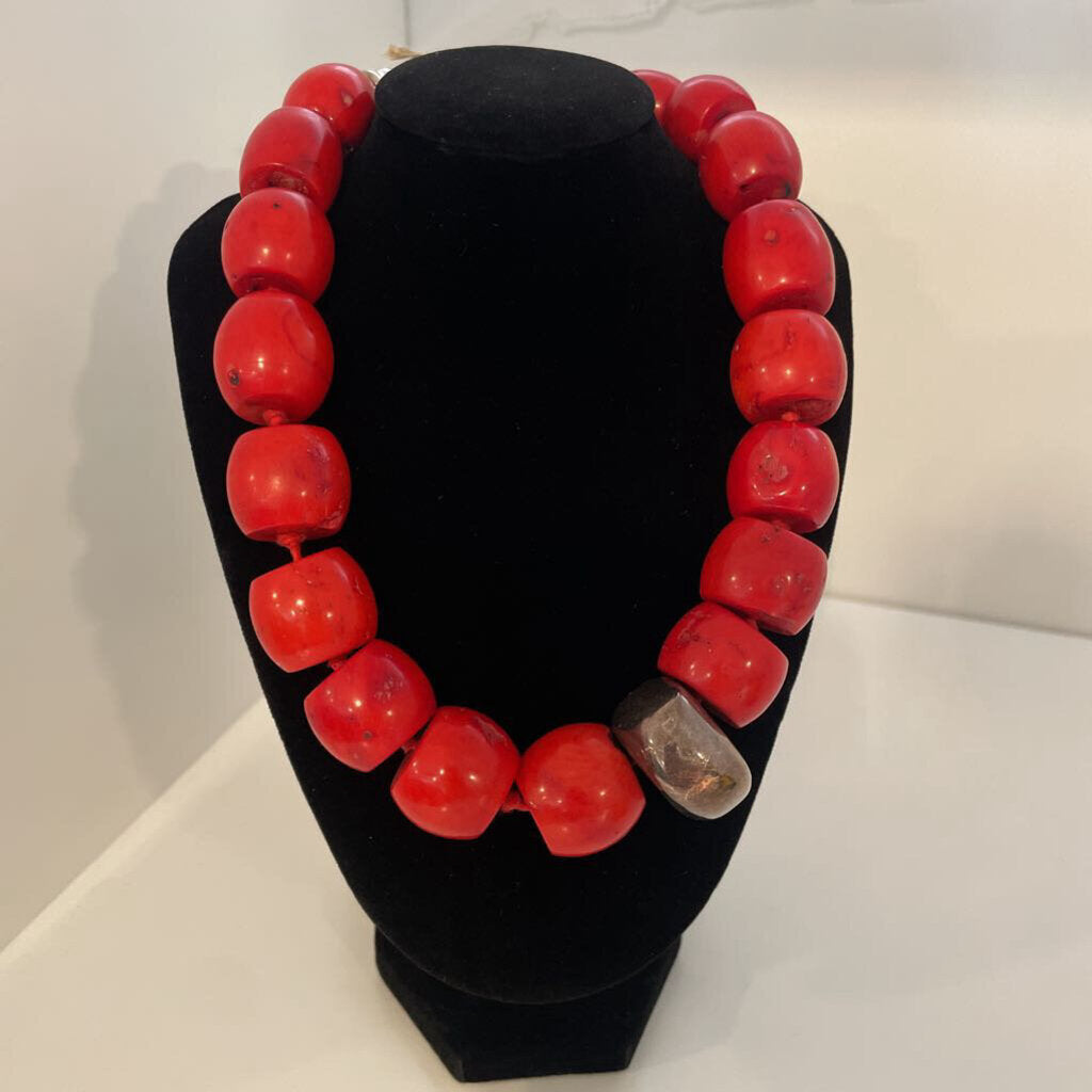 Cherry Red Coral Bead Sterling Silver Statement Necklace 18"
