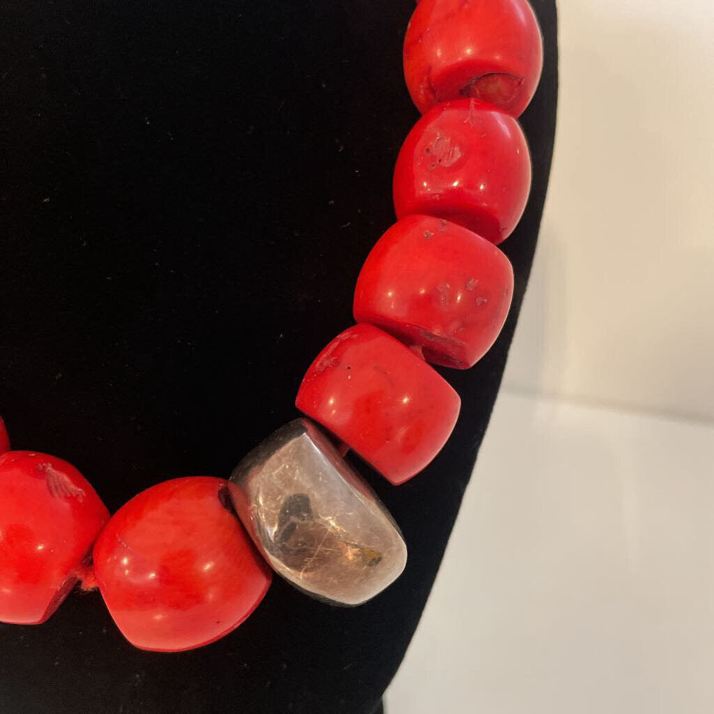 Cherry Red Coral Bead Sterling Silver Statement Necklace 18"