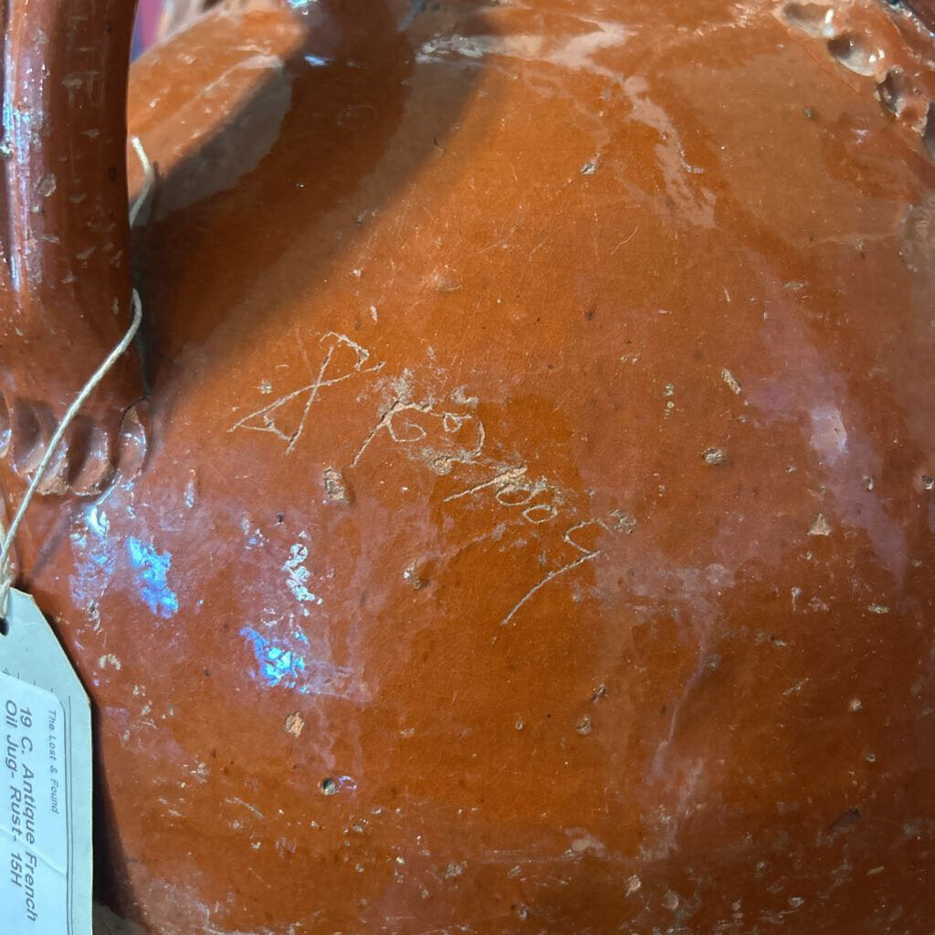 19 C. Antique French Oil Jug- Rust- 15H
