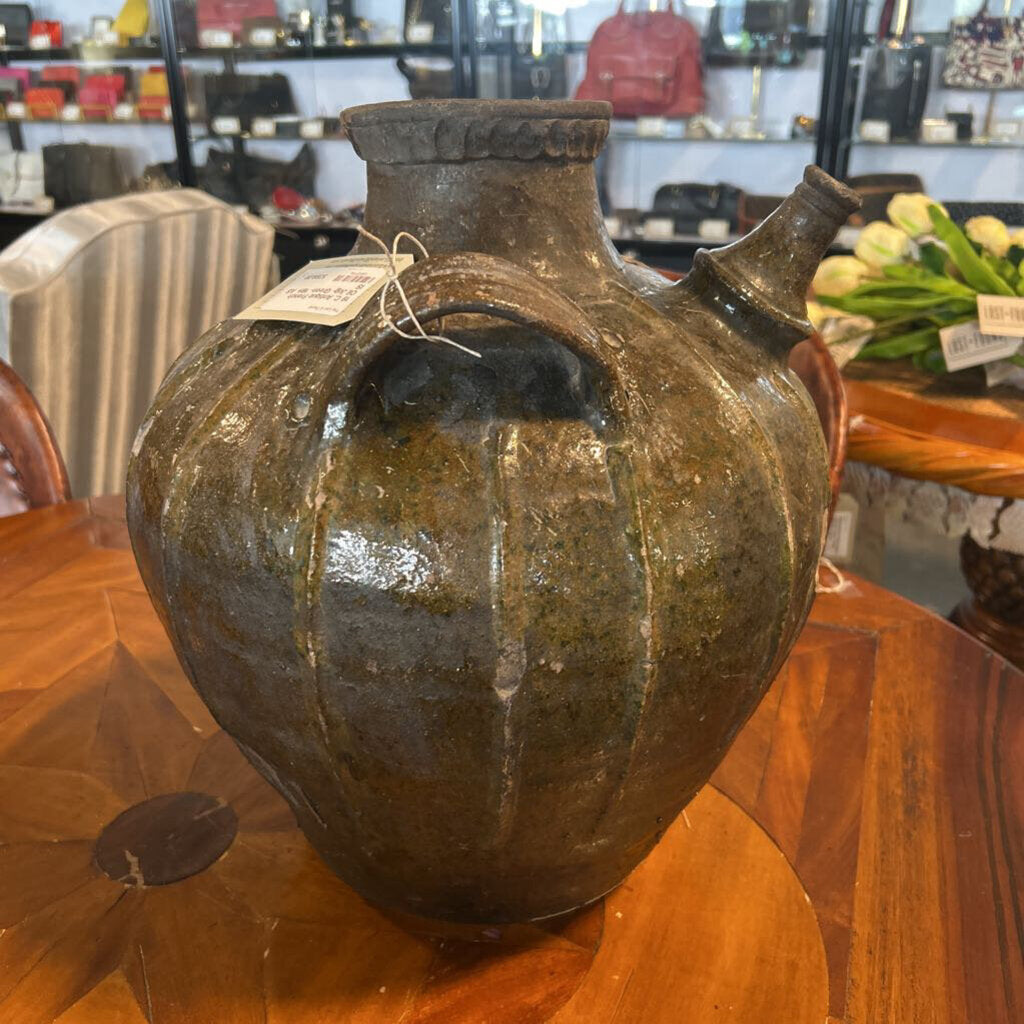 19 C. Antique French Oil Jug- Green- 16H- AS IS