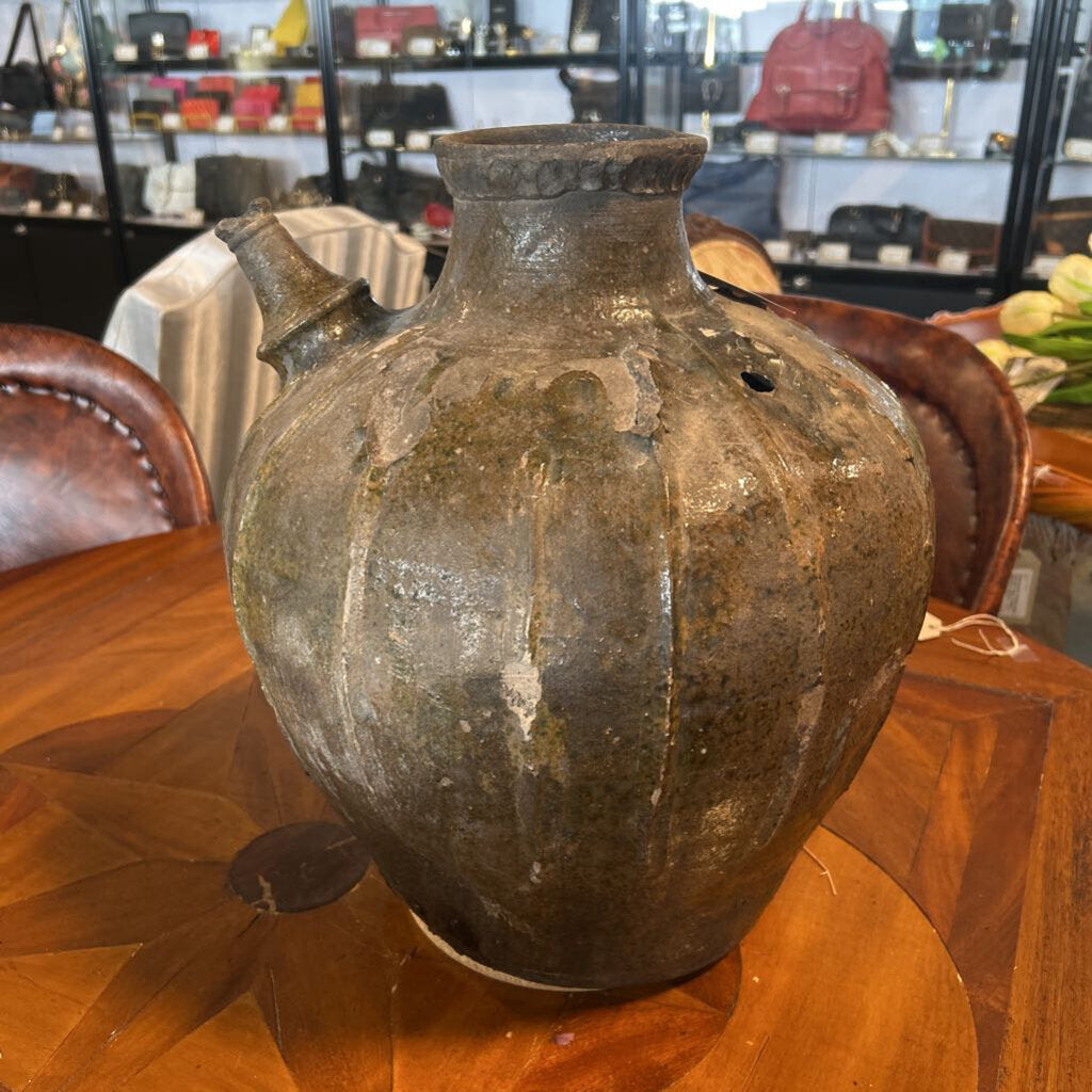 19 C. Antique French Oil Jug- Green- 16H- AS IS