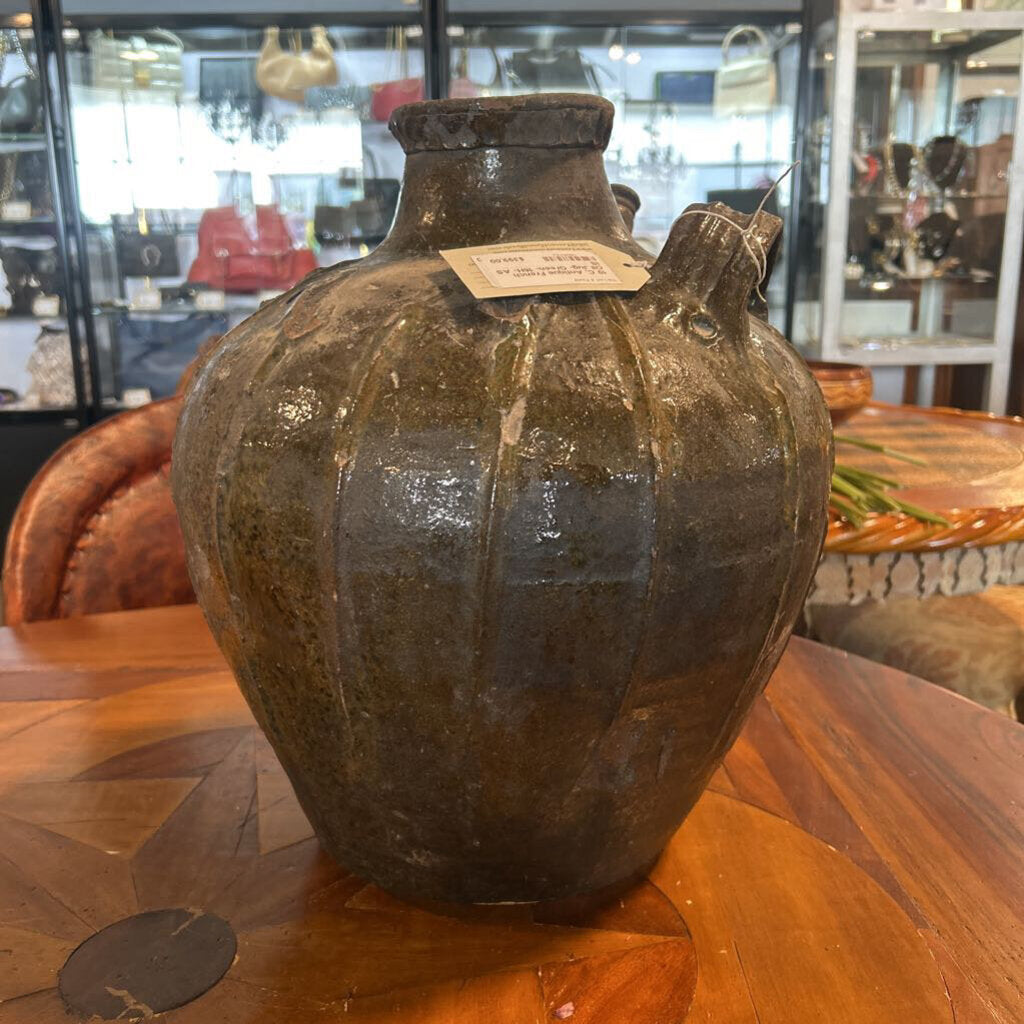 19 C. Antique French Oil Jug- Green- 16H- AS IS