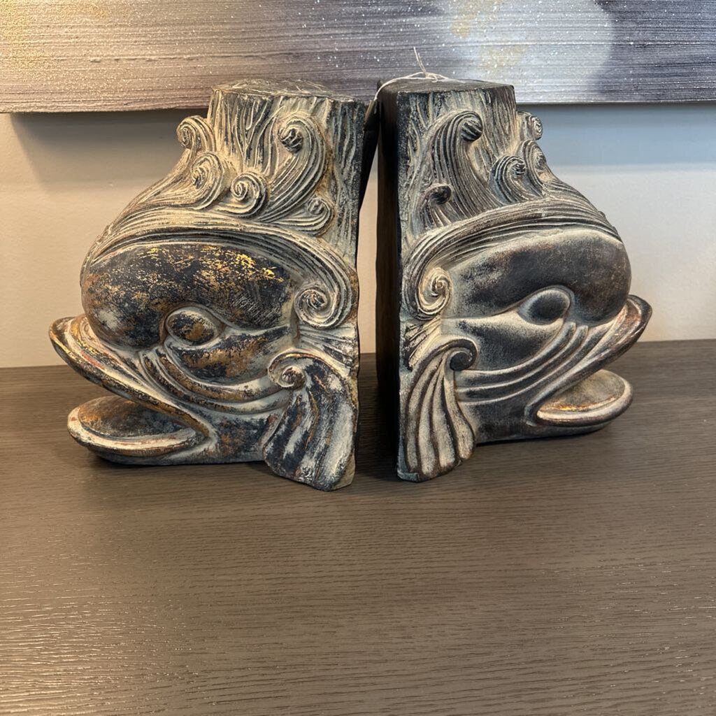 Vintage Carved Koi Fish Rustic Bookends - 11.5"