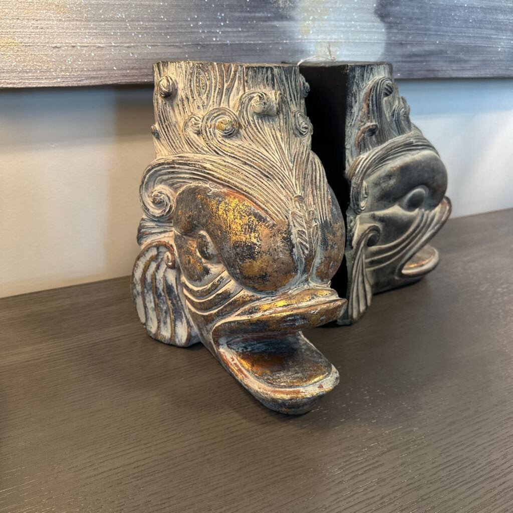 Vintage Carved Koi Fish Rustic Bookends - 11.5"