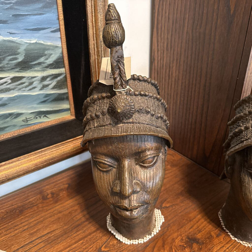 African Bronze Head Sculpture - 17"