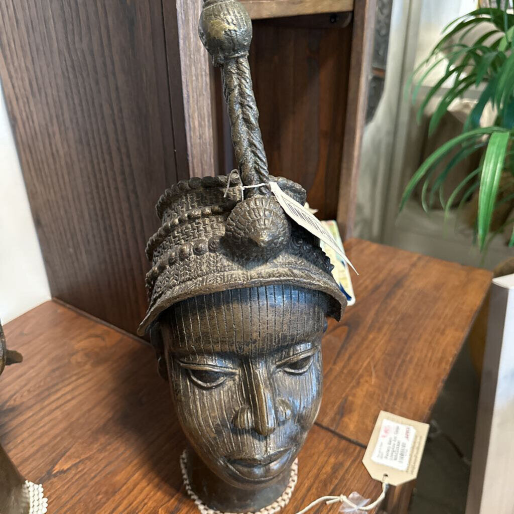 African Bronze Head Sculpture - 17"