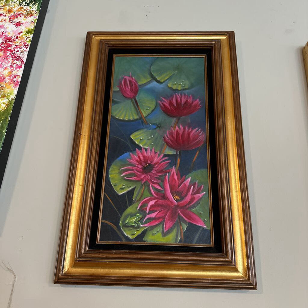 Original Lily Pad Art In Gold Frame Signed By Doris Frignac - 20X32