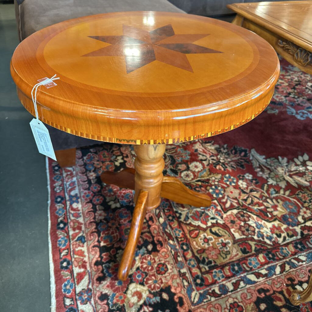 Wood Pedestal Side Table W/ Wood Inlay