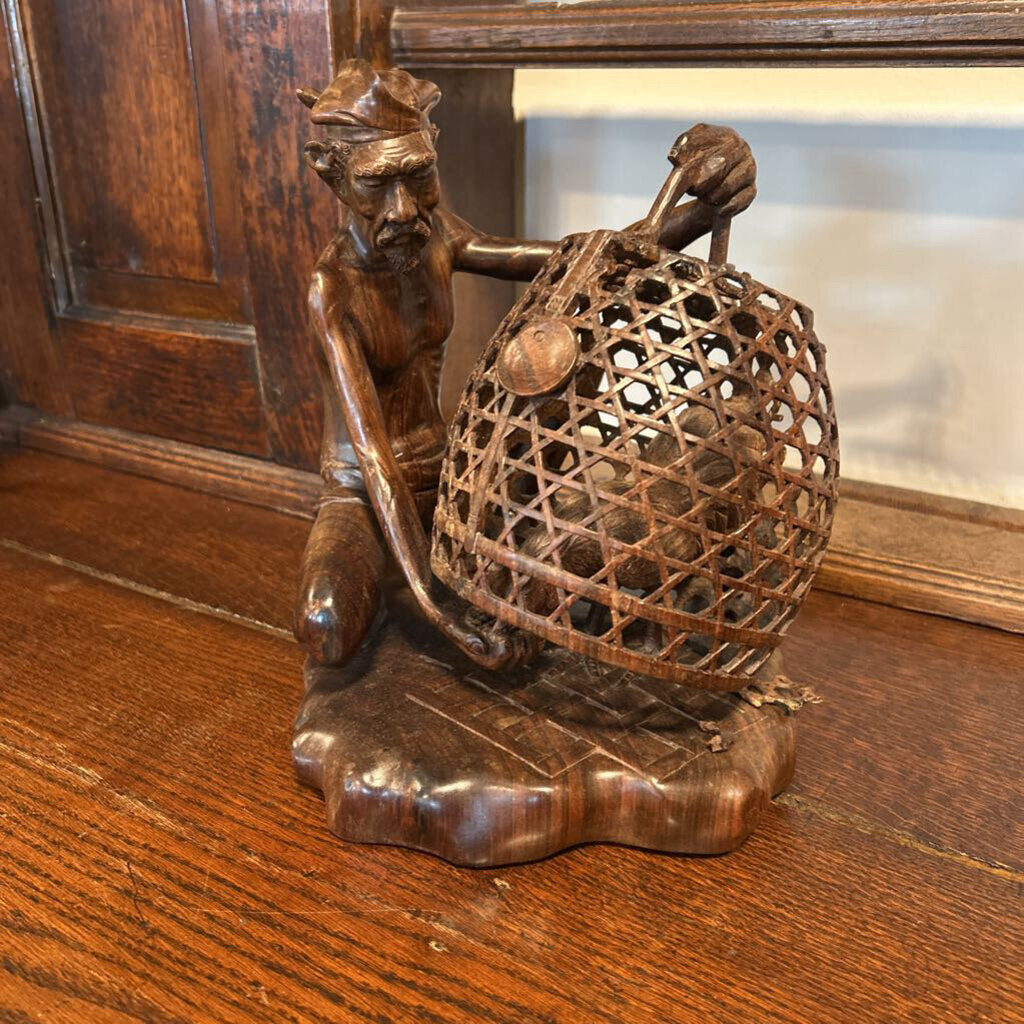 Vintage Balinese Man Catching Chicken Wood Sculpture - 9"H