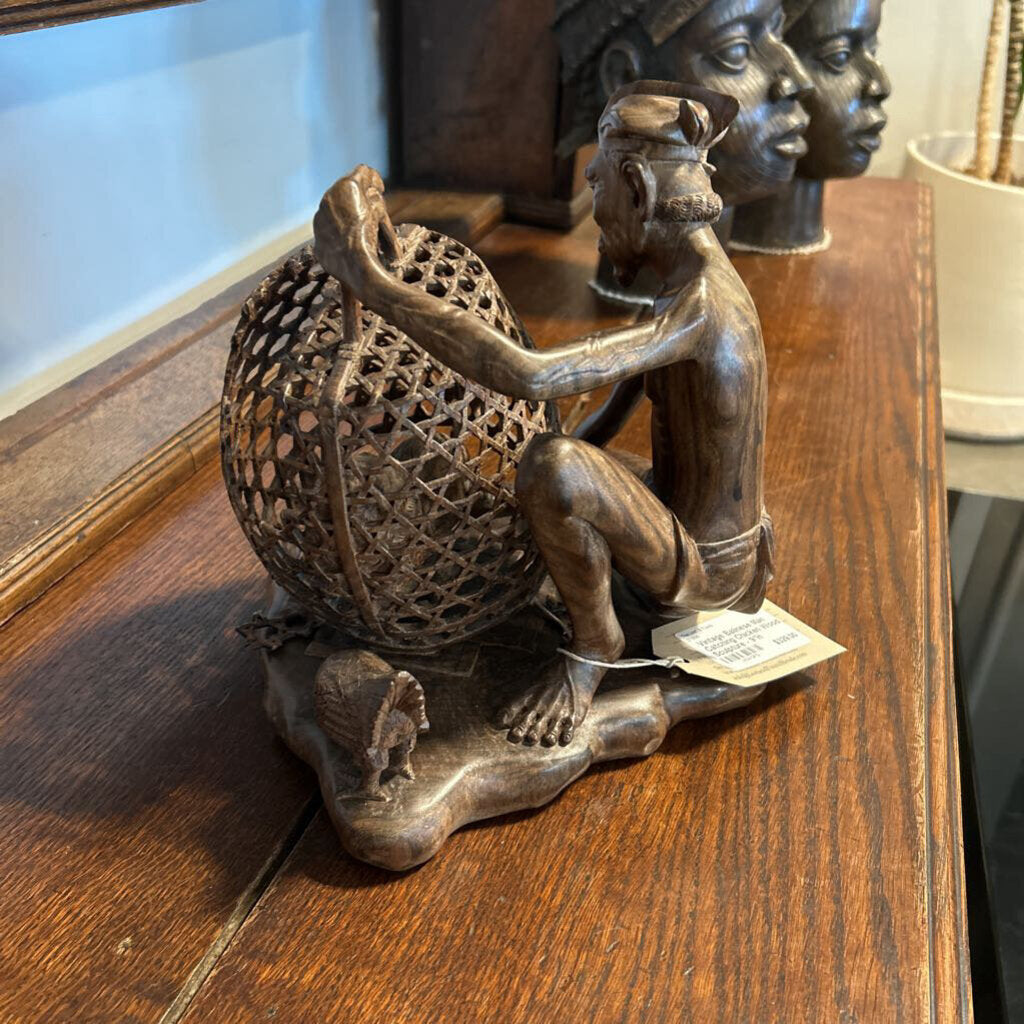 Vintage Balinese Man Catching Chicken Wood Sculpture - 9"H