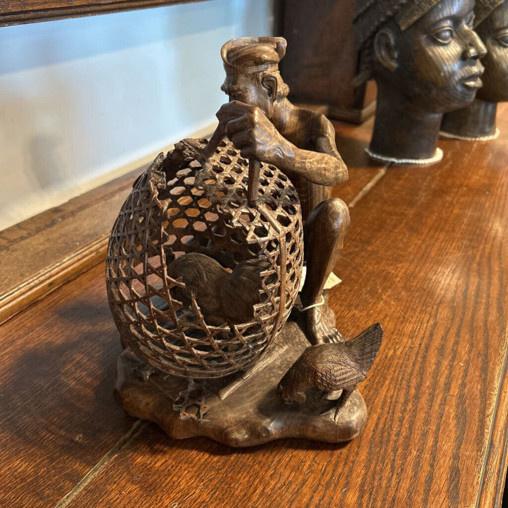 Vintage Balinese Man Catching Chicken Wood Sculpture - 9"H