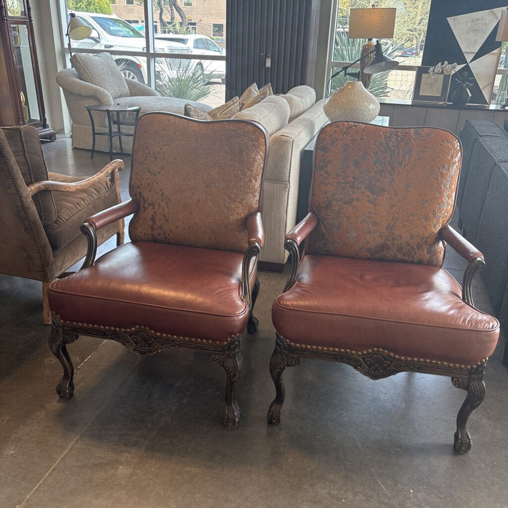 French Style Louis XV Leather Arm Chairs W/ Cowhide- 30X29X41H- Pair