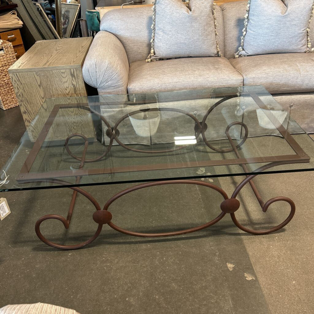 Wrought Iron & Glass Rectangular Coffee Table- 54X36X17.5H