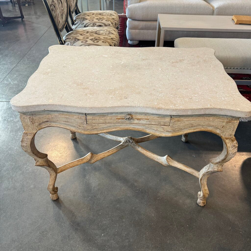 Vintage Carved Wood Desk W/ Stone Top- 37X25.5X27