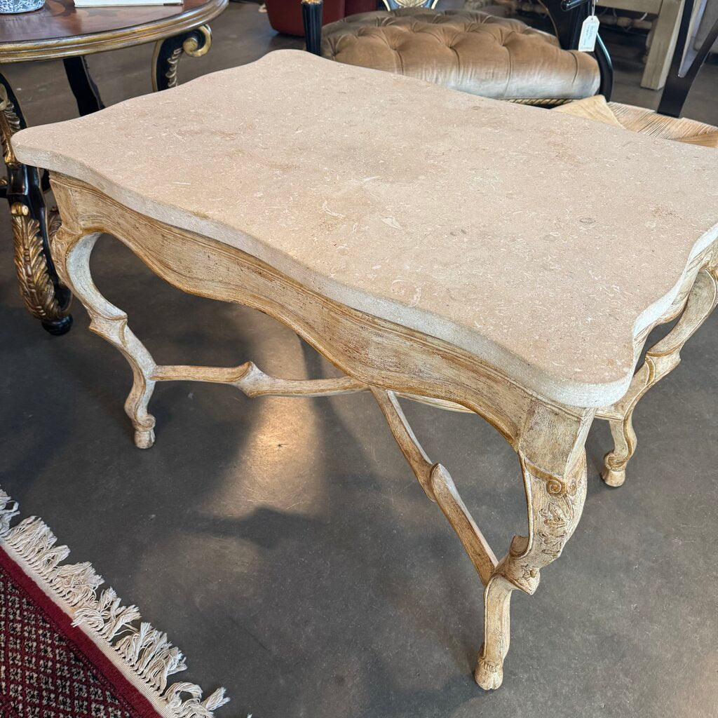 Vintage Carved Wood Desk W/ Stone Top- 37X25.5X27