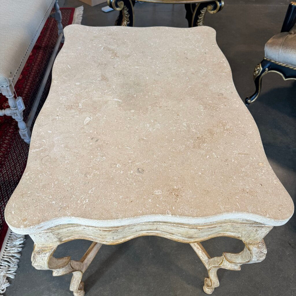 Vintage Carved Wood Desk W/ Stone Top- 37X25.5X27