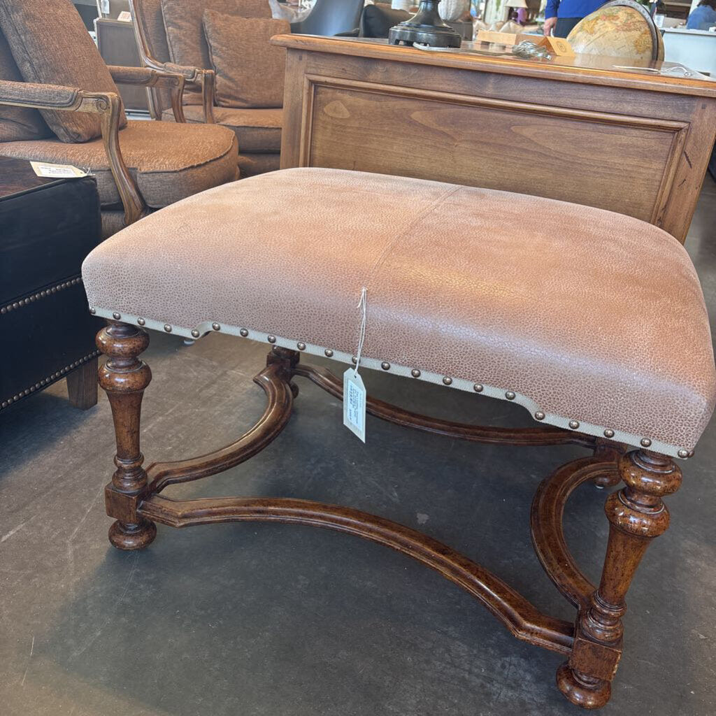 Tan Leather Ottoman On Antique Frame- 30X24X20.5H