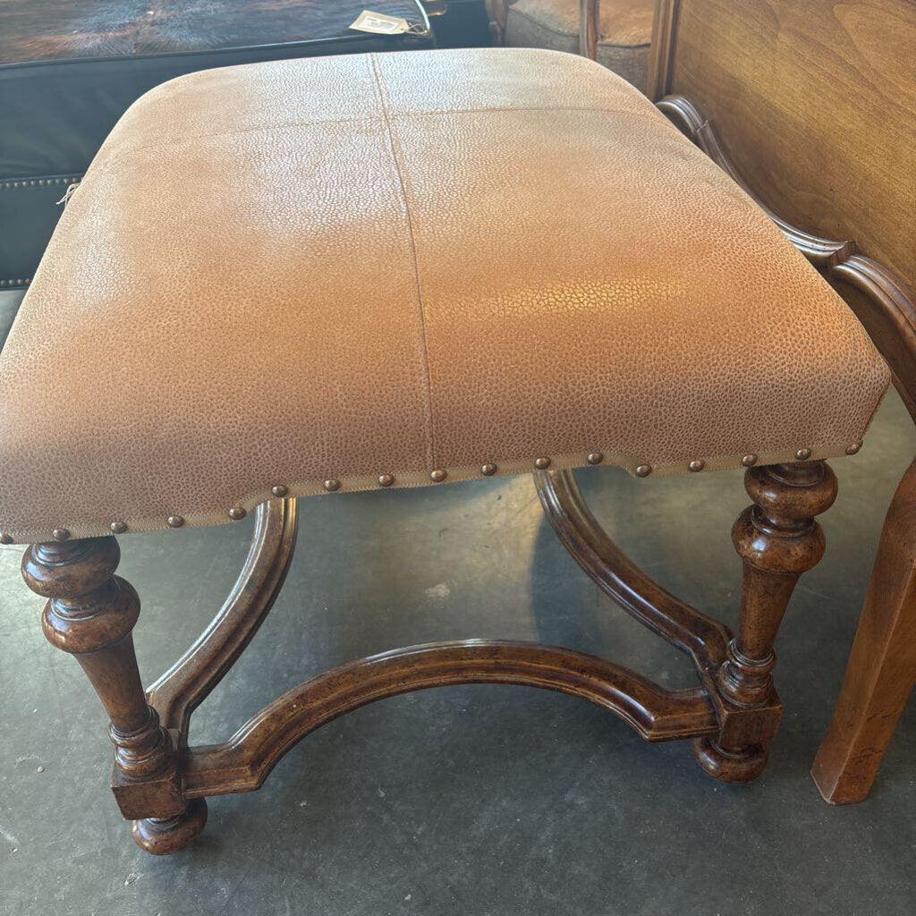 Tan Leather Ottoman On Antique Frame- 30X24X20.5H