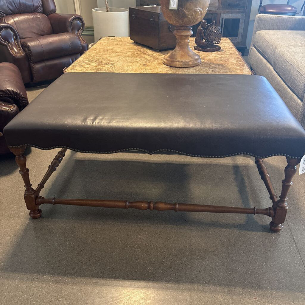 Tan Leather Ottoman On Antique Frame- 30X24X20.5H