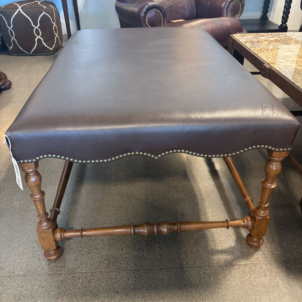Tan Leather Ottoman On Antique Frame- 30X24X20.5H