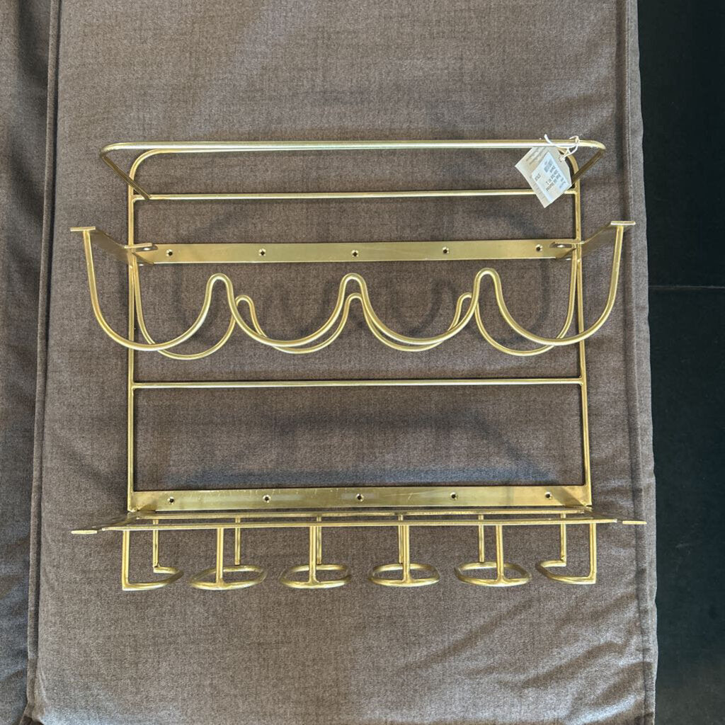 Brass Wall Mounted Wine Rack W/ 2 Shelves