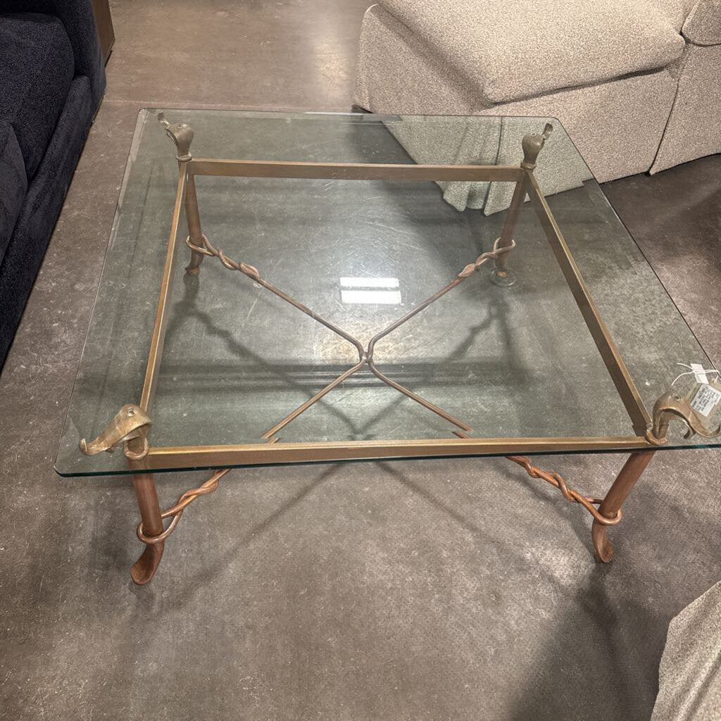 Bronze Wrought Iron Coffee Table W/ Glass Top- 40X40X18H- AS IS