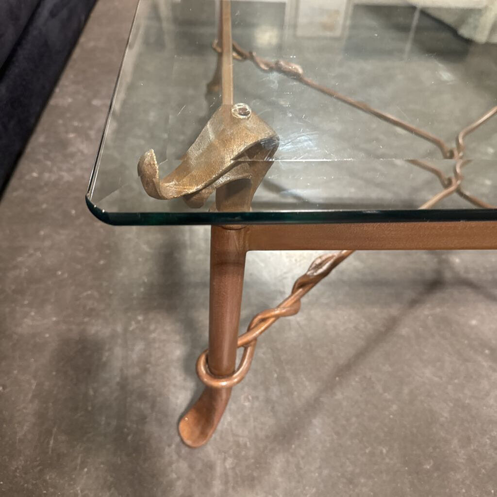 Bronze Wrought Iron Coffee Table W/ Glass Top- 40X40X18H- AS IS