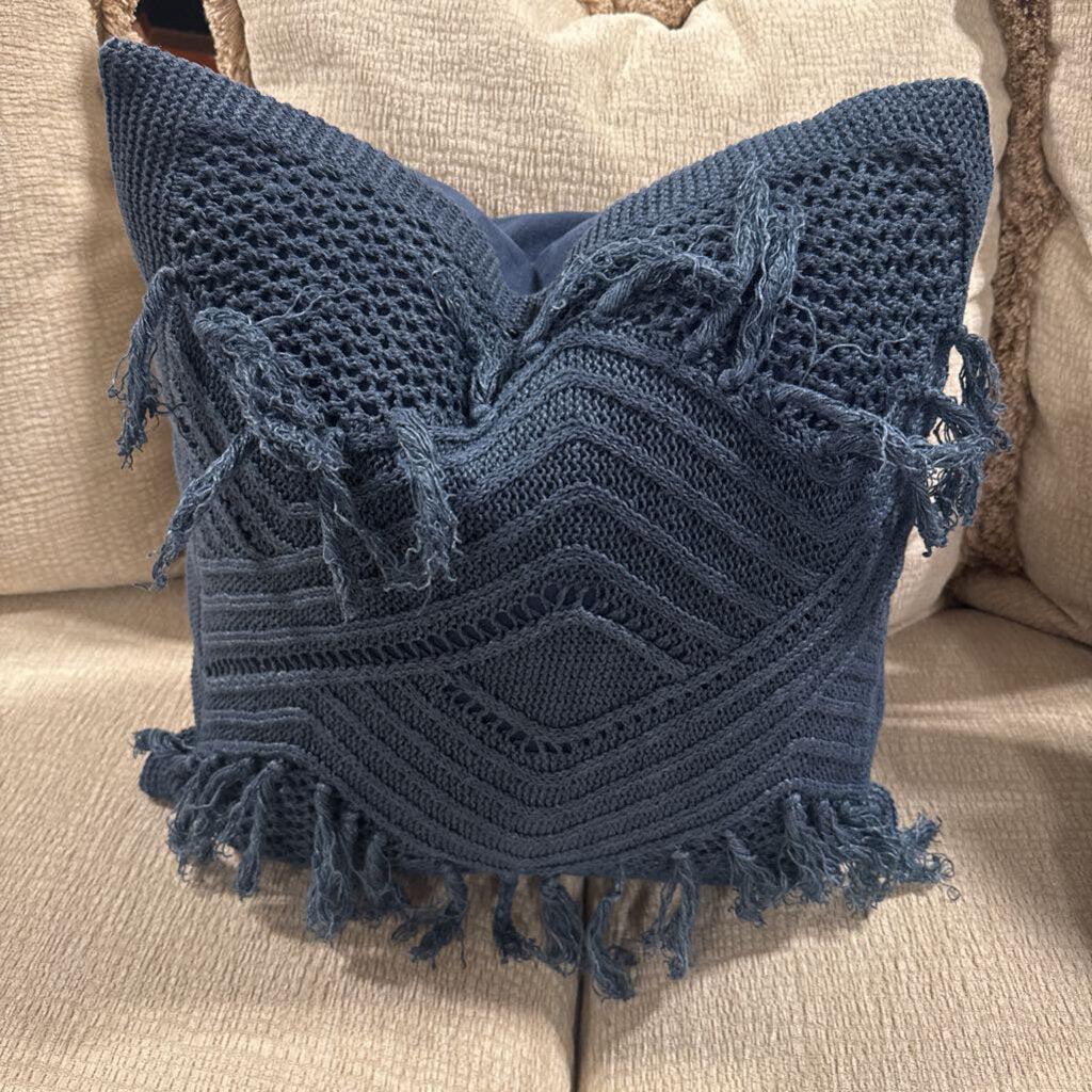 Navy Pillow W/ Fringe- 18X18