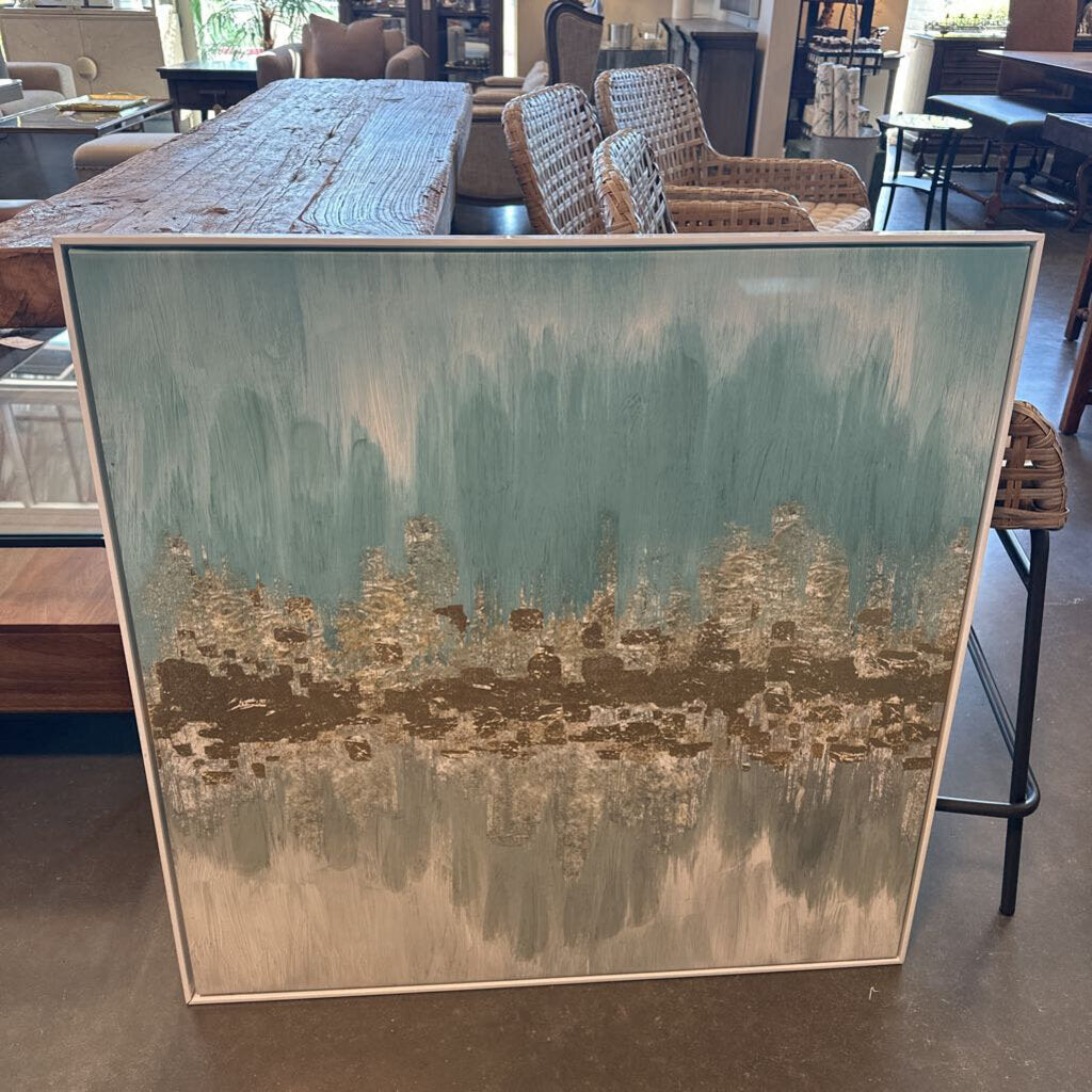 Abstract Teal & Gold Art W/ White Frame - 37X37