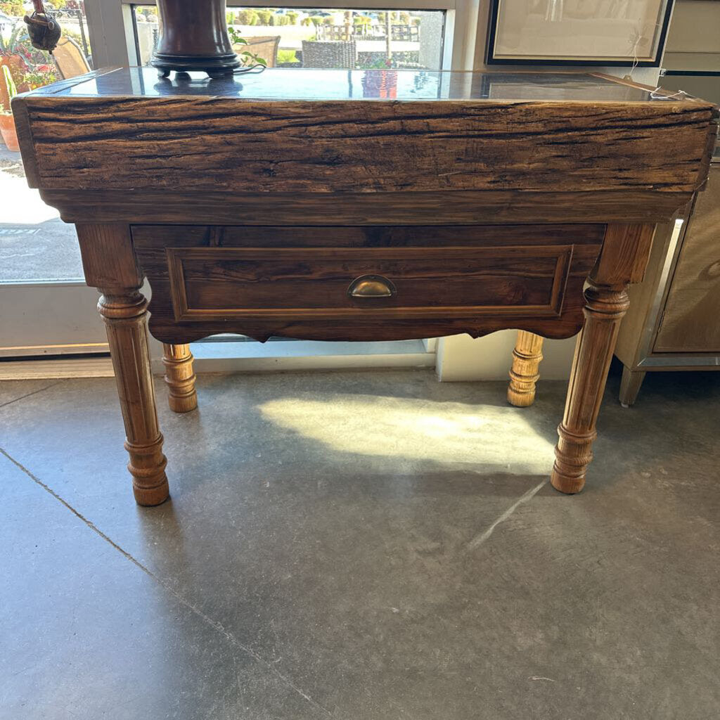 Vintage Handcarved Wood Island W/ Stone Top - 47X23X36