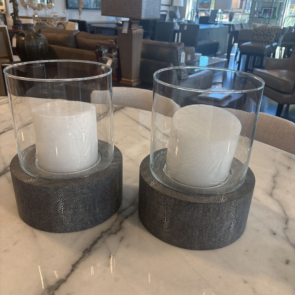 Grey Shagreen Candle Holder W/Candle- 10X12.5H