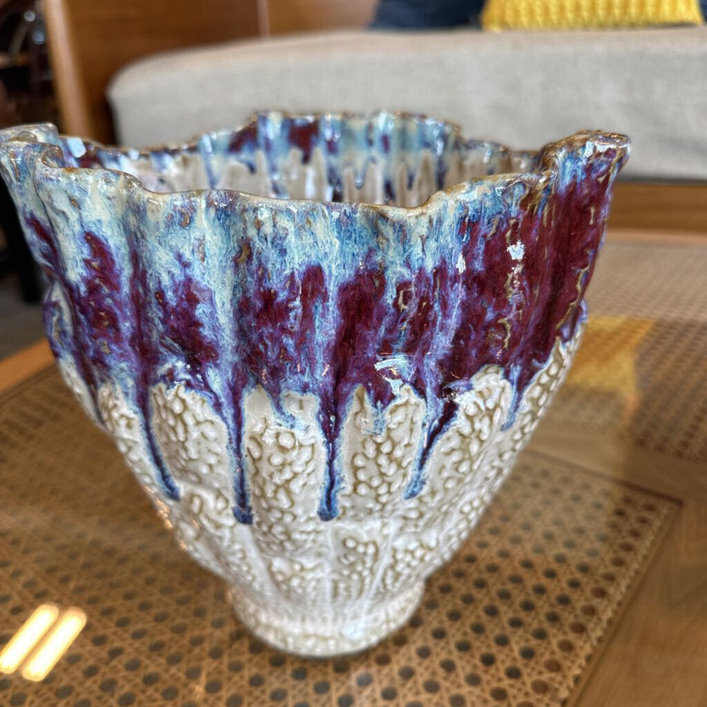 Blue Cream & Purple Colral Style Vase- 9X9.5H