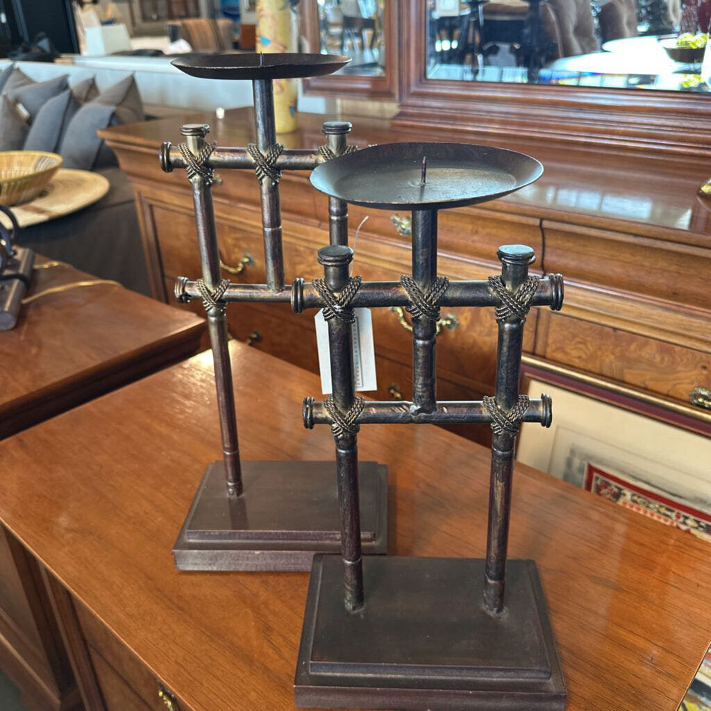 Metal Bamboo Candlesticks- Pair- 8X17.5H