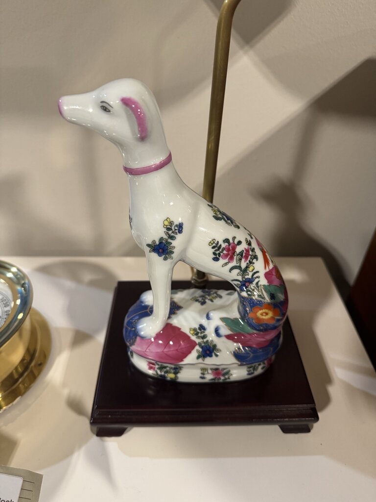 Vintage Tobacco Leaf Porcelain Greyhound Lamp- 7X6X22H