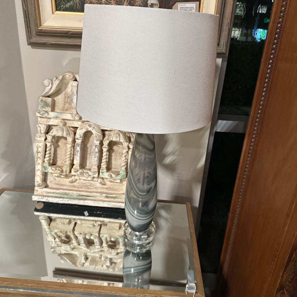 Grey Swirl Glass Lamp W/ White Shade- 14X14X29H