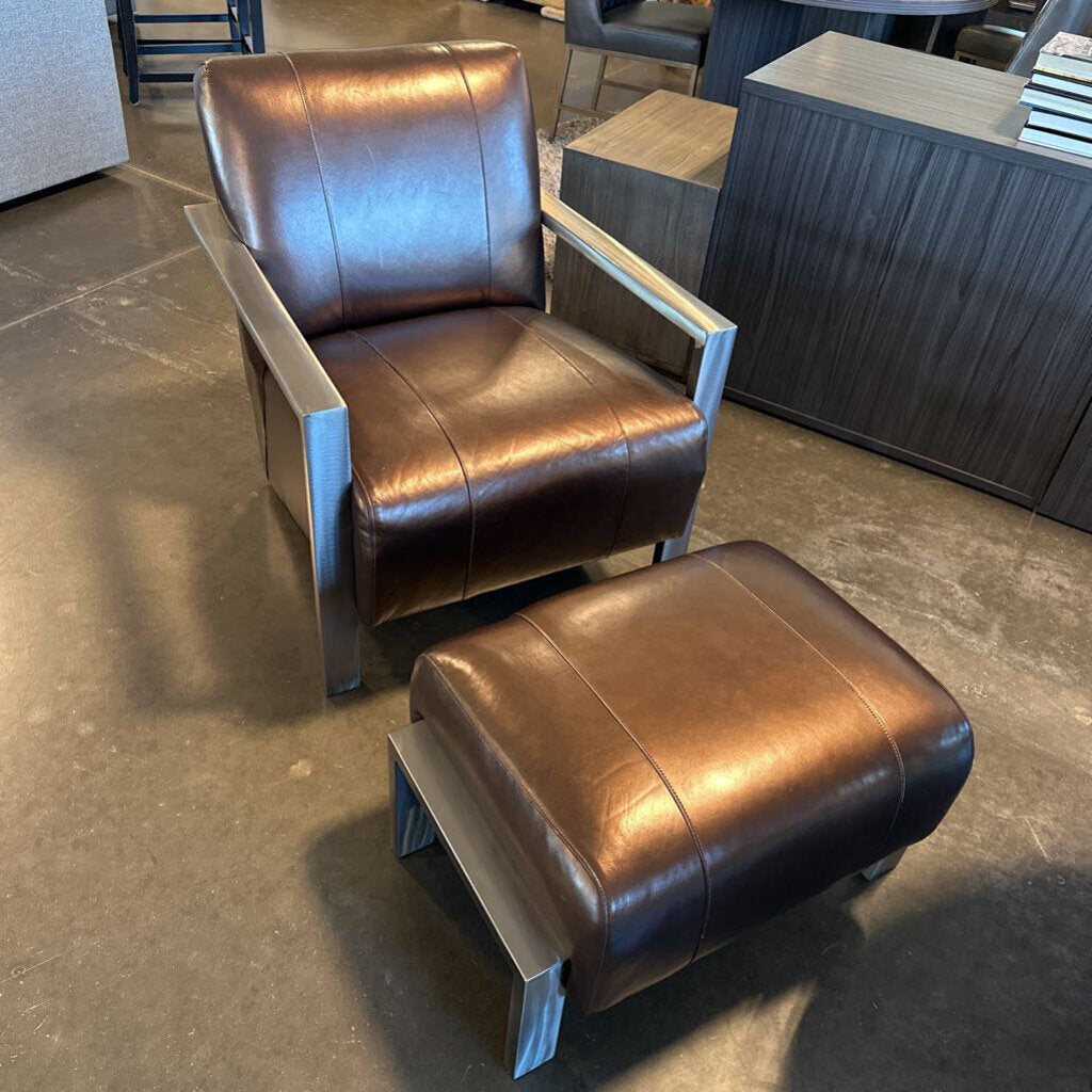 Bronze Leather and Chrome Accent Chair & Ottoman