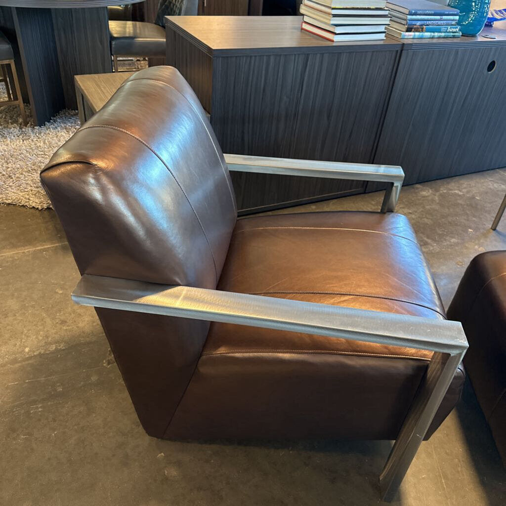 Bronze Leather and Chrome Accent Chair & Ottoman