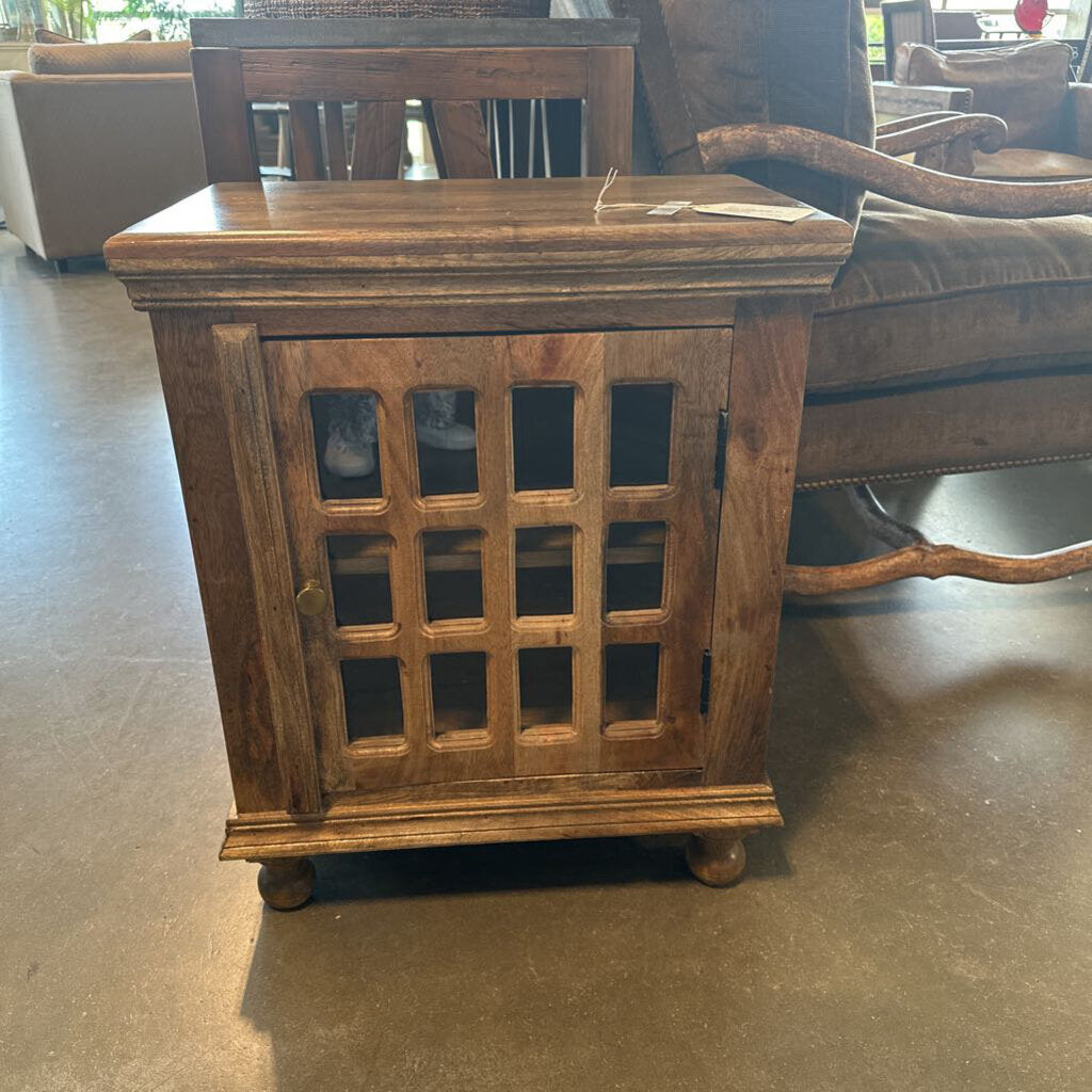 Wood Side Table W/ Glass Panel Door - 21X13X26H