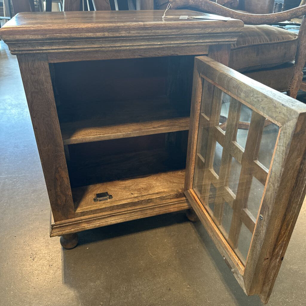 Wood Side Table W/ Glass Panel Door - 21X13X26H