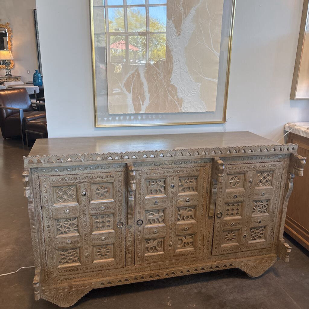 World Market Carved Taupe Wood Cabinet- 24.5X57X35H- AS IS
