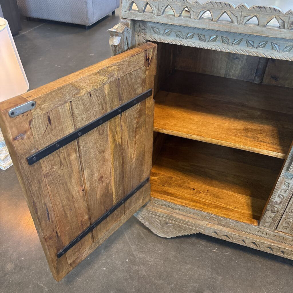 World Market Carved Taupe Wood Cabinet- 24.5X57X35H- AS IS