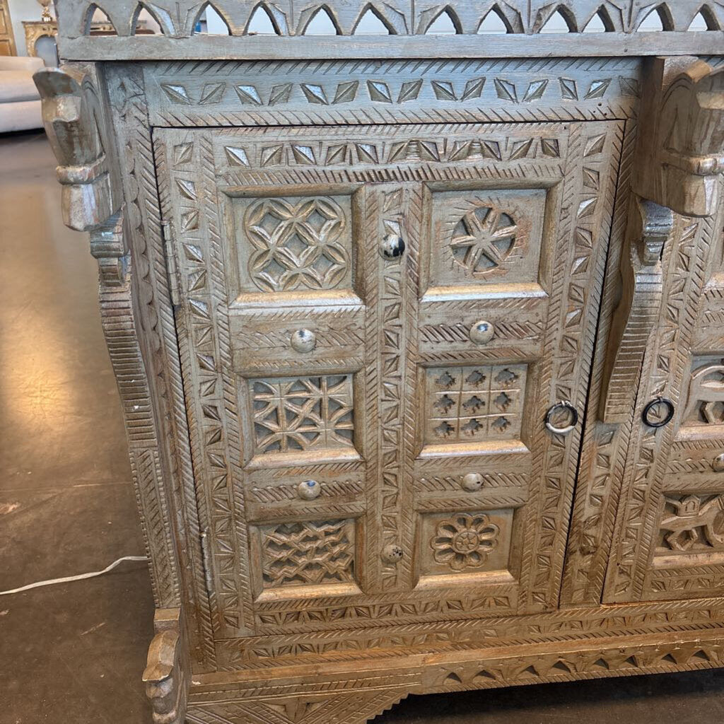 World Market Carved Taupe Wood Cabinet- 24.5X57X35H- AS IS